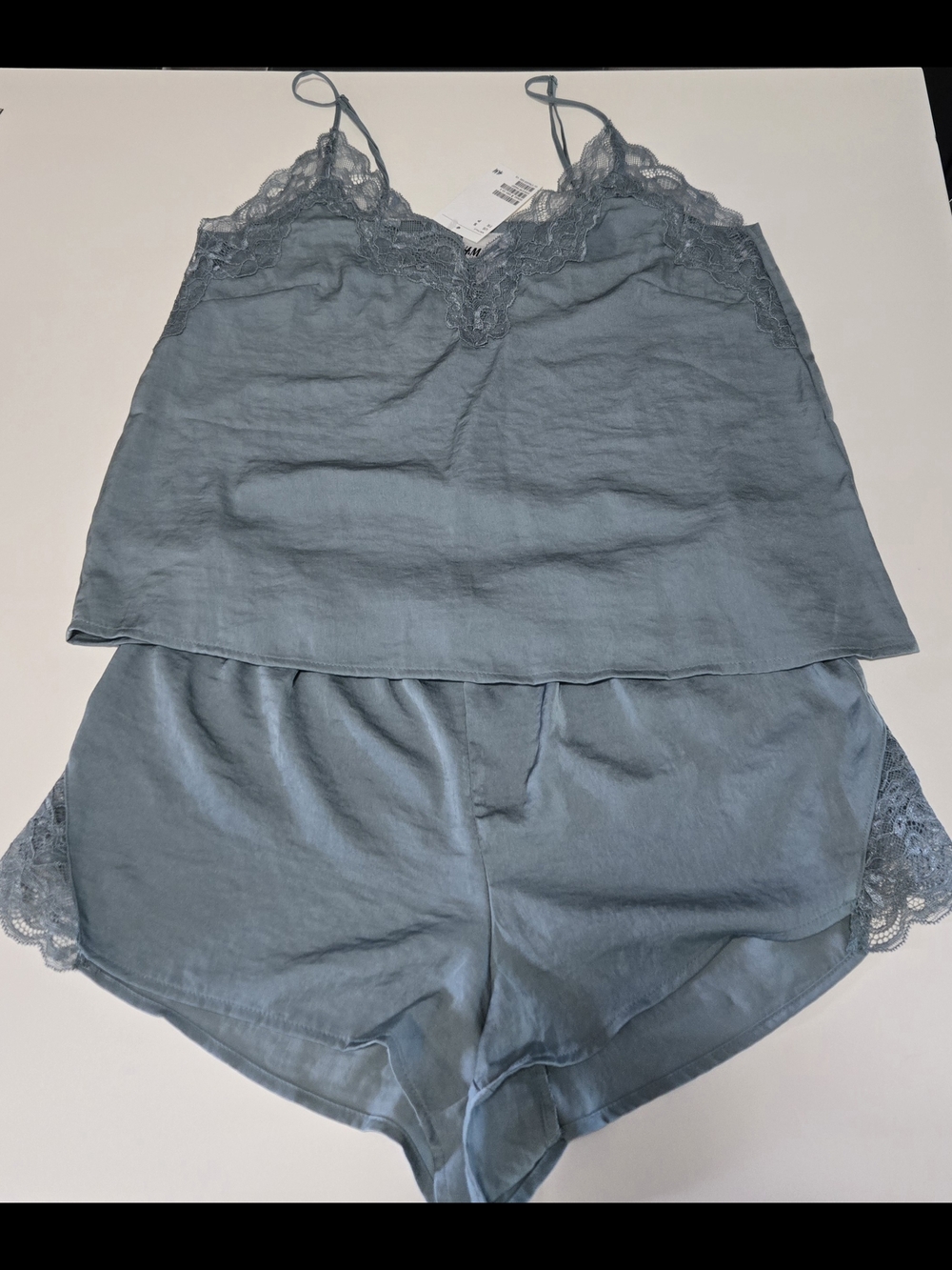 Lace Trim Satin Cami & Short Sleep Set in Dusty Blue
